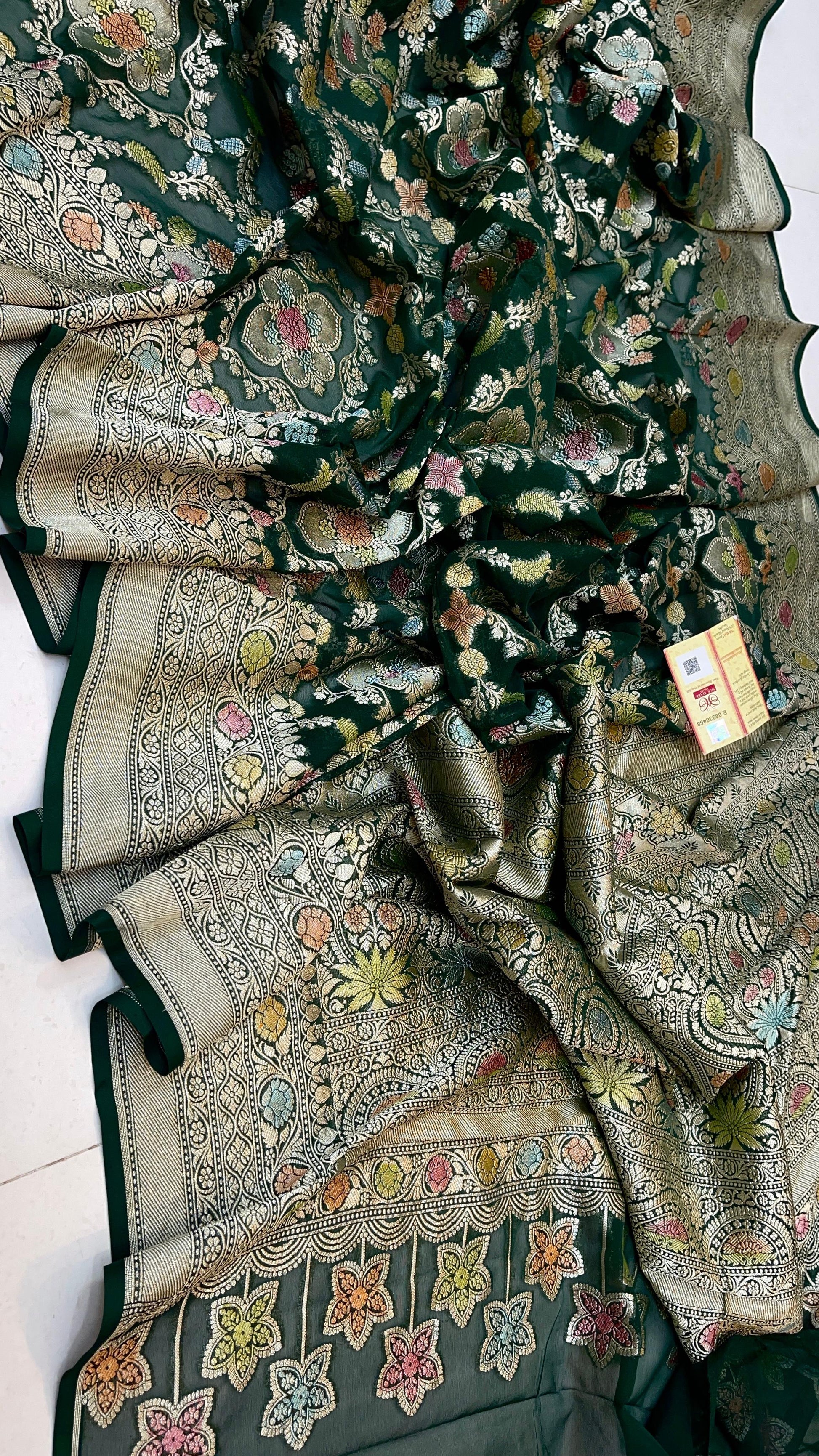 Ramaina Banarsi saree Khaddi gorgette saree woven sari blouse - Saffronfashionindia