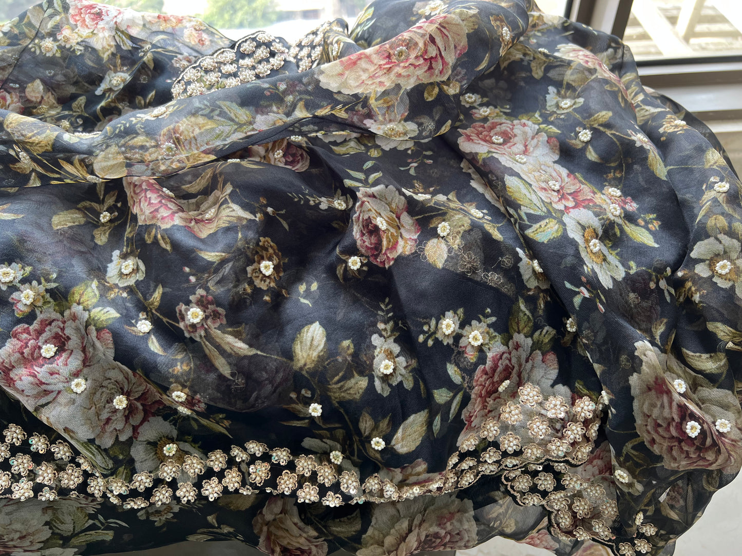 Black floral saree Organza saree Indian sari blouse - Saffronfashionindia