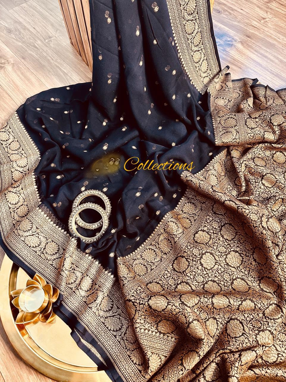 Black handwoven Khaddi Gorgette saree Indian traditional sarees - Saffronfashionindia