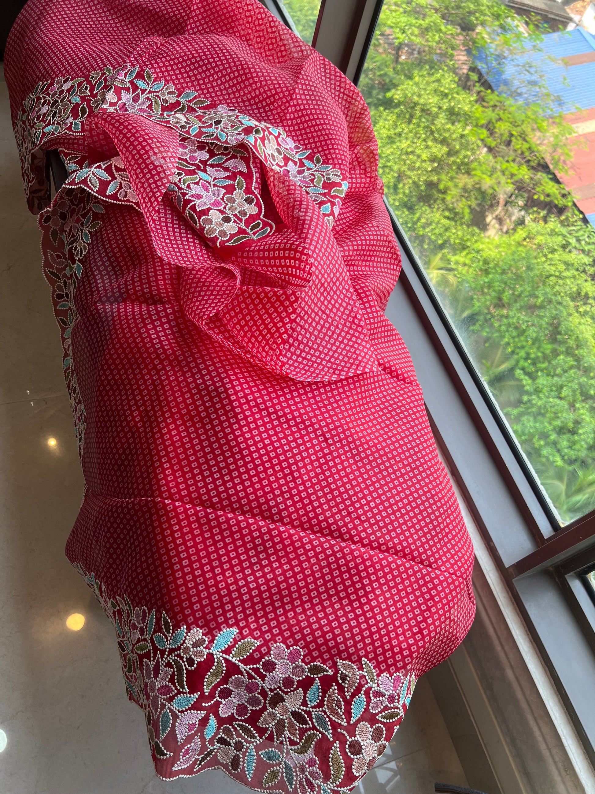 Red Organza Saree Thread Embroidery Work Sarees - Saffronfashionindia