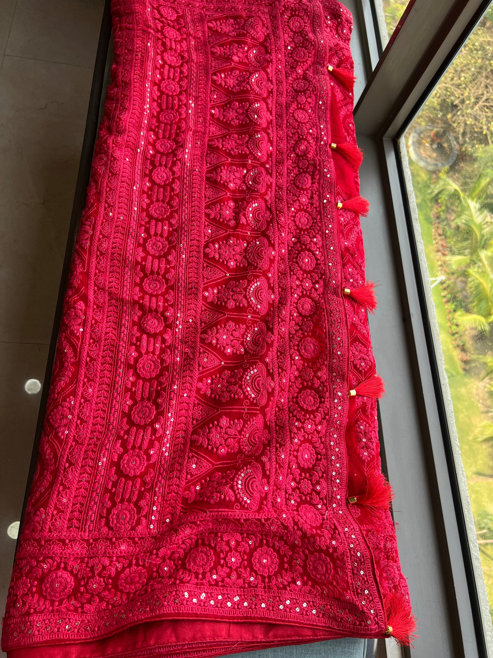 Red Chikankari saree Georgette sari blouse SaffronFashion