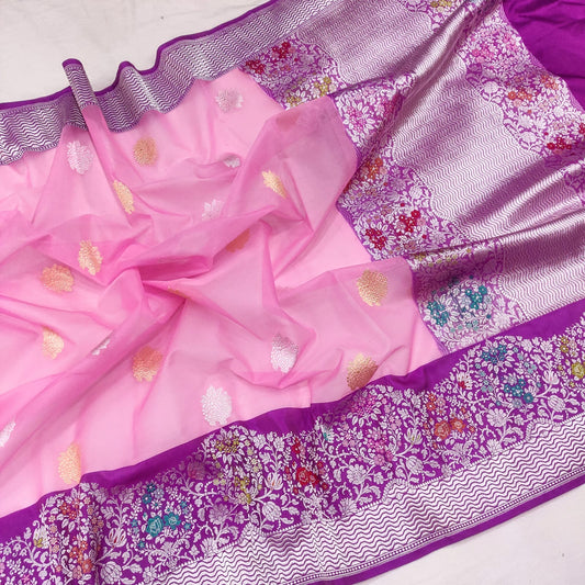 Pink kora kadwa handwoven sarees - Saffronfashionindia