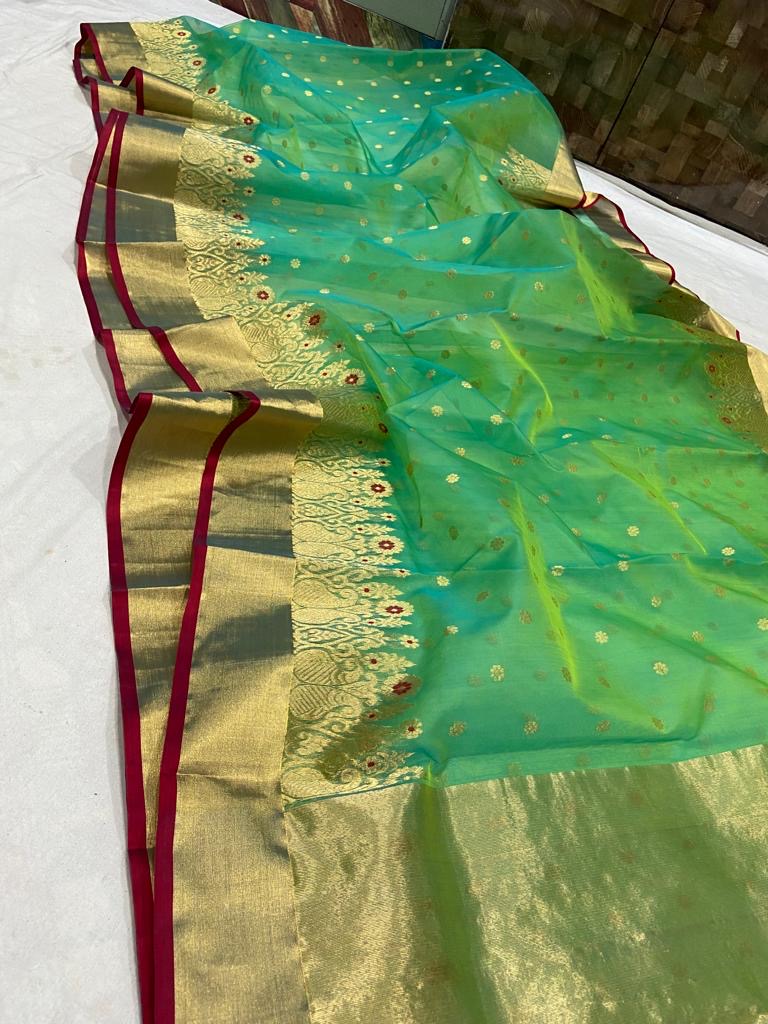Green Chanderi katan silk sarees - Saffronfashionindia
