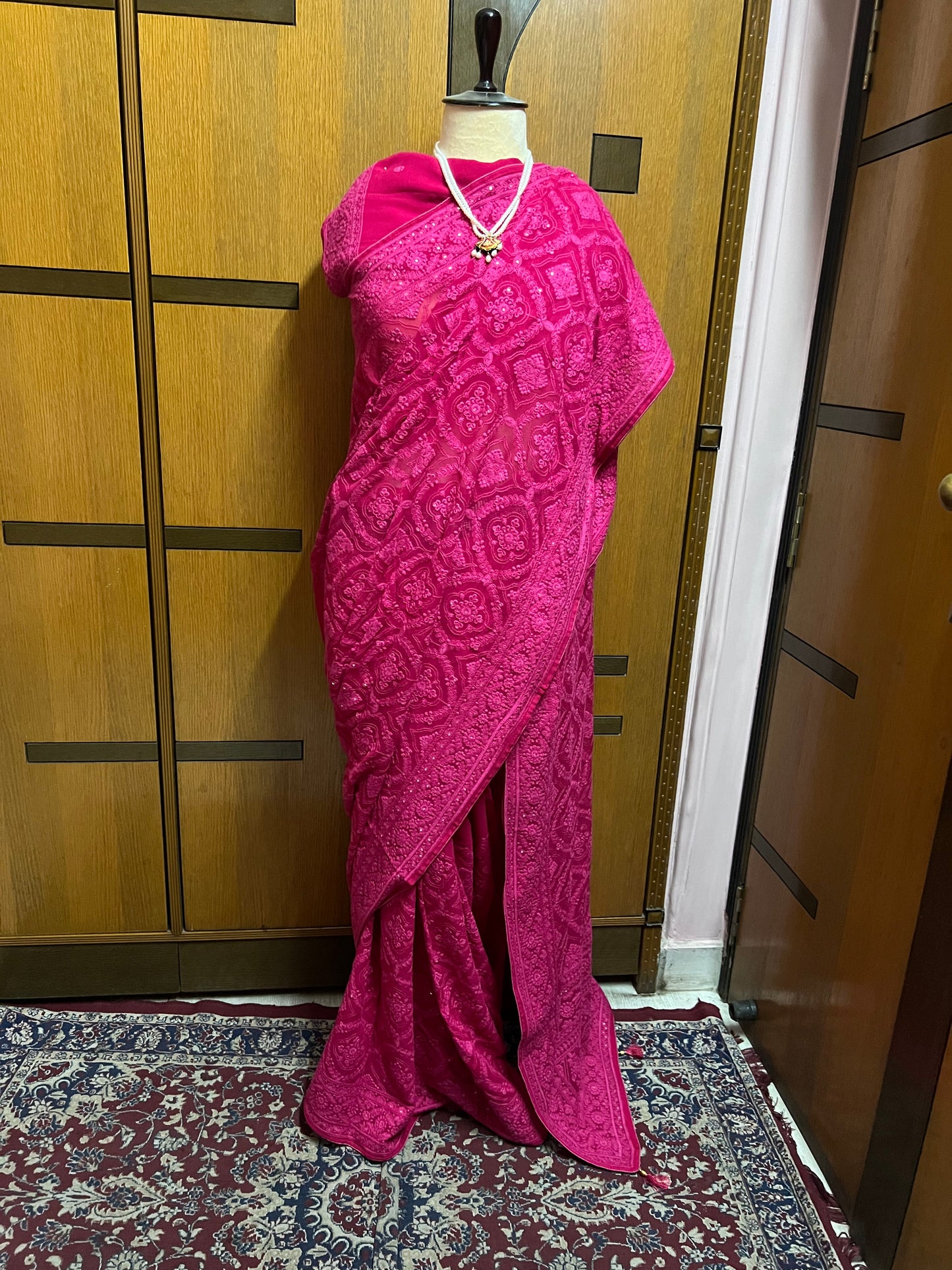 Hot Pink Chikankari Saree Eomen Gorgette Sarees - Saffronfashionindia