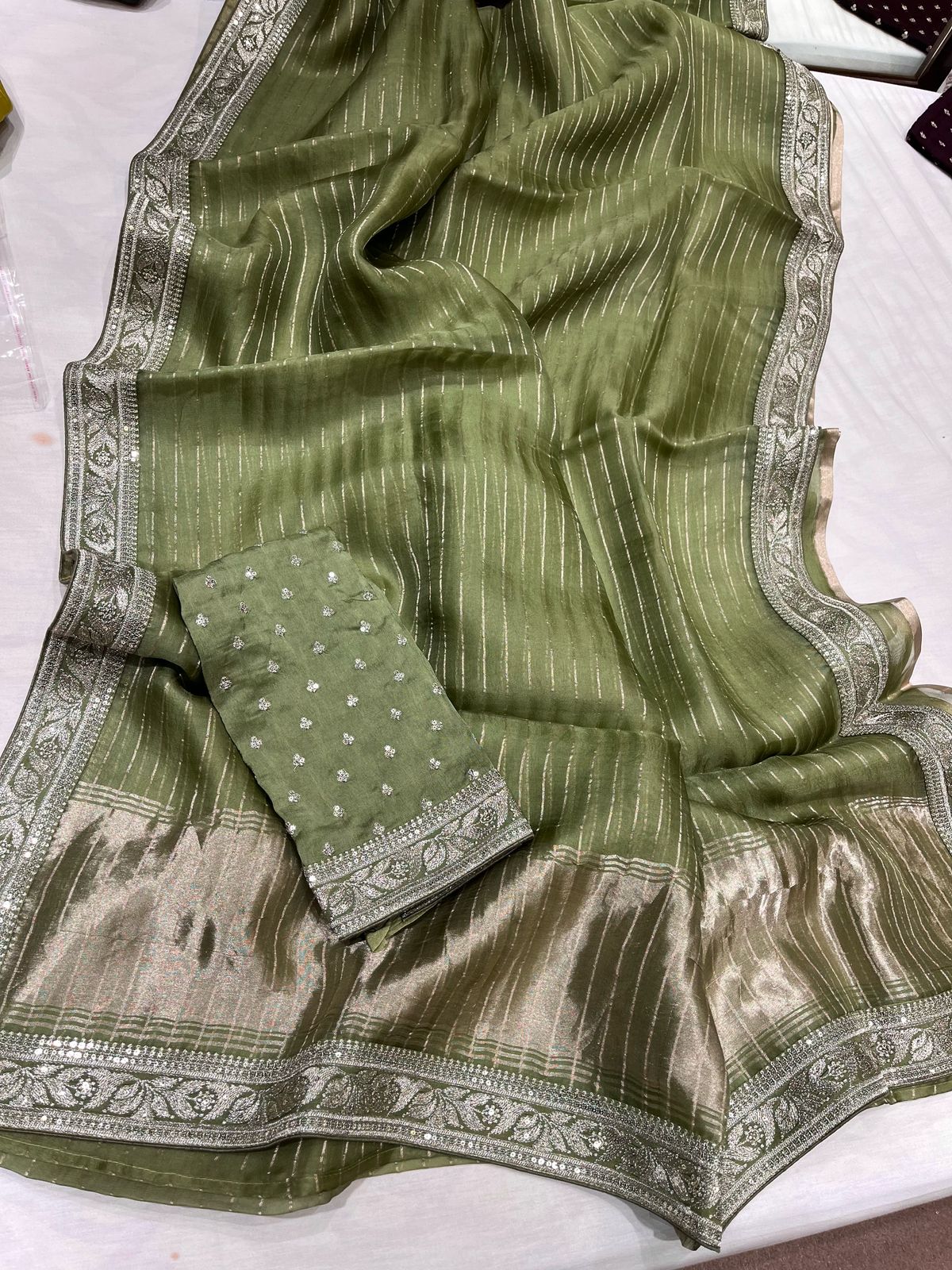 Striped Organza saree partywear sarees Indian sari - Saffronfashionindia