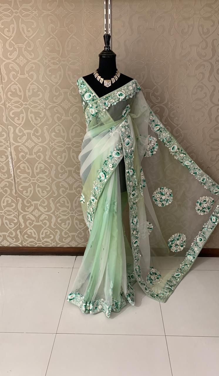 Mishika organza saree handwork saree embroidery saree blouse SaffronFashion