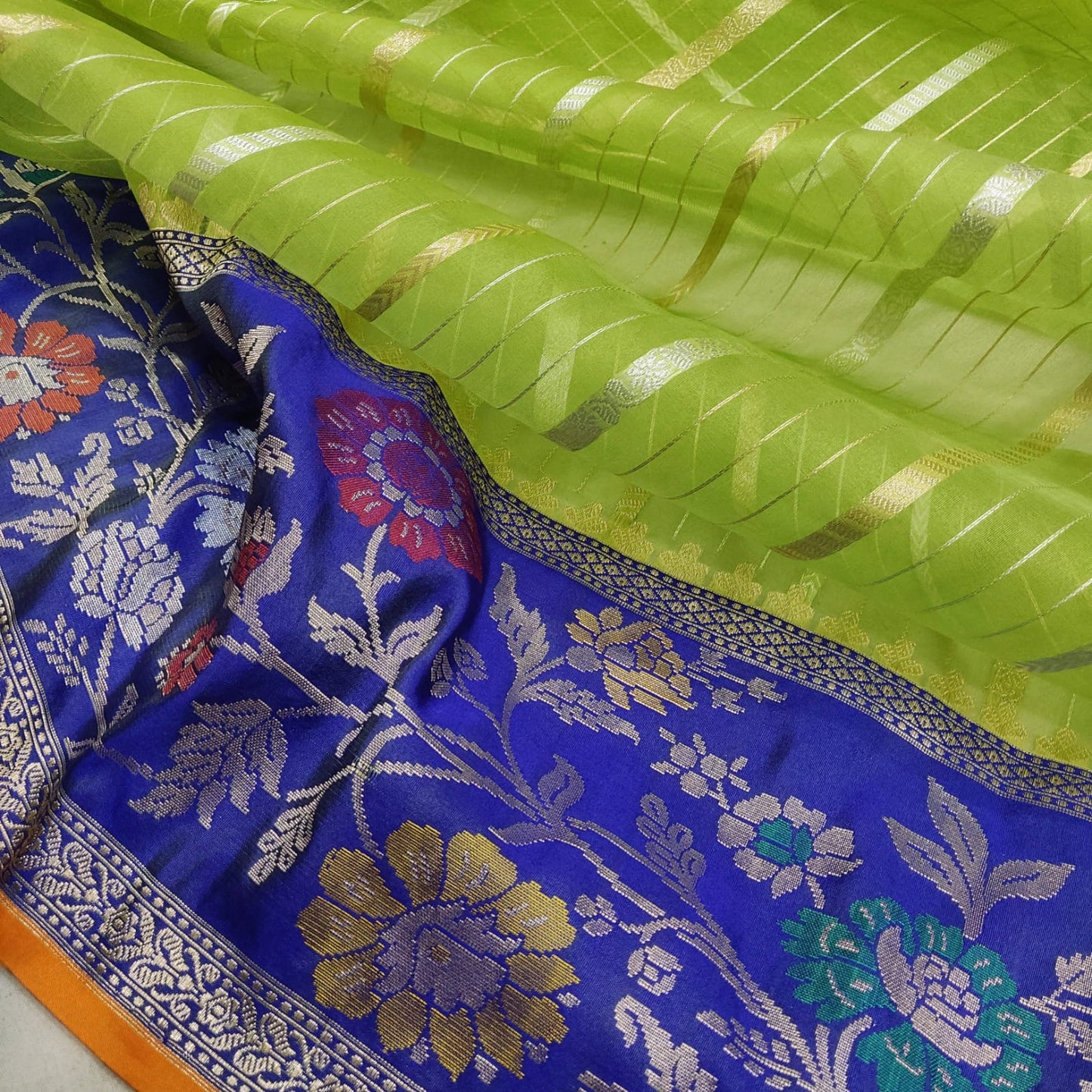 Green Kora Handwoven Saree zari sari - Saffronfashionindia