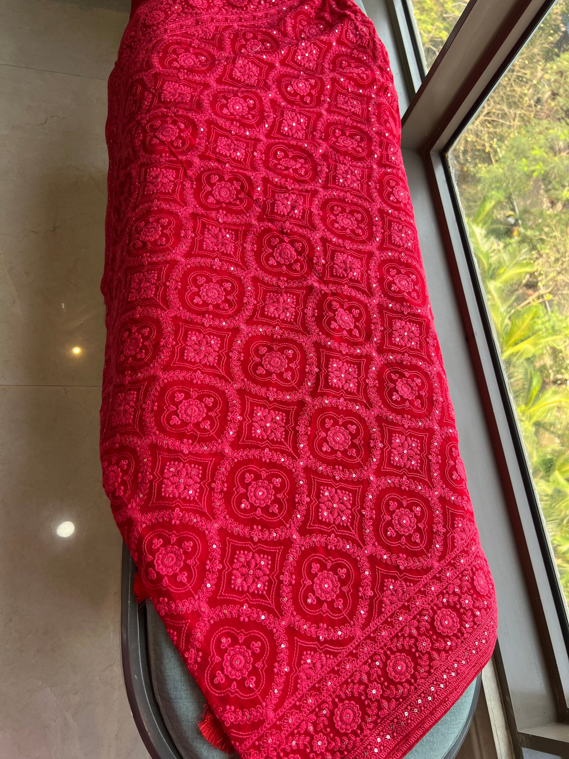 Red Chikankari saree Georgette sari blouse SaffronFashion