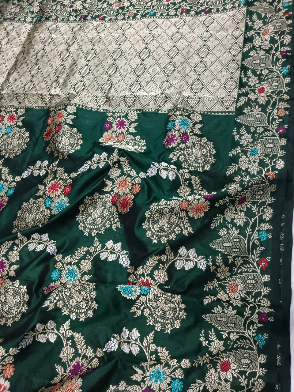 Meenakari green Katan silk saree - Saffronfashionindia