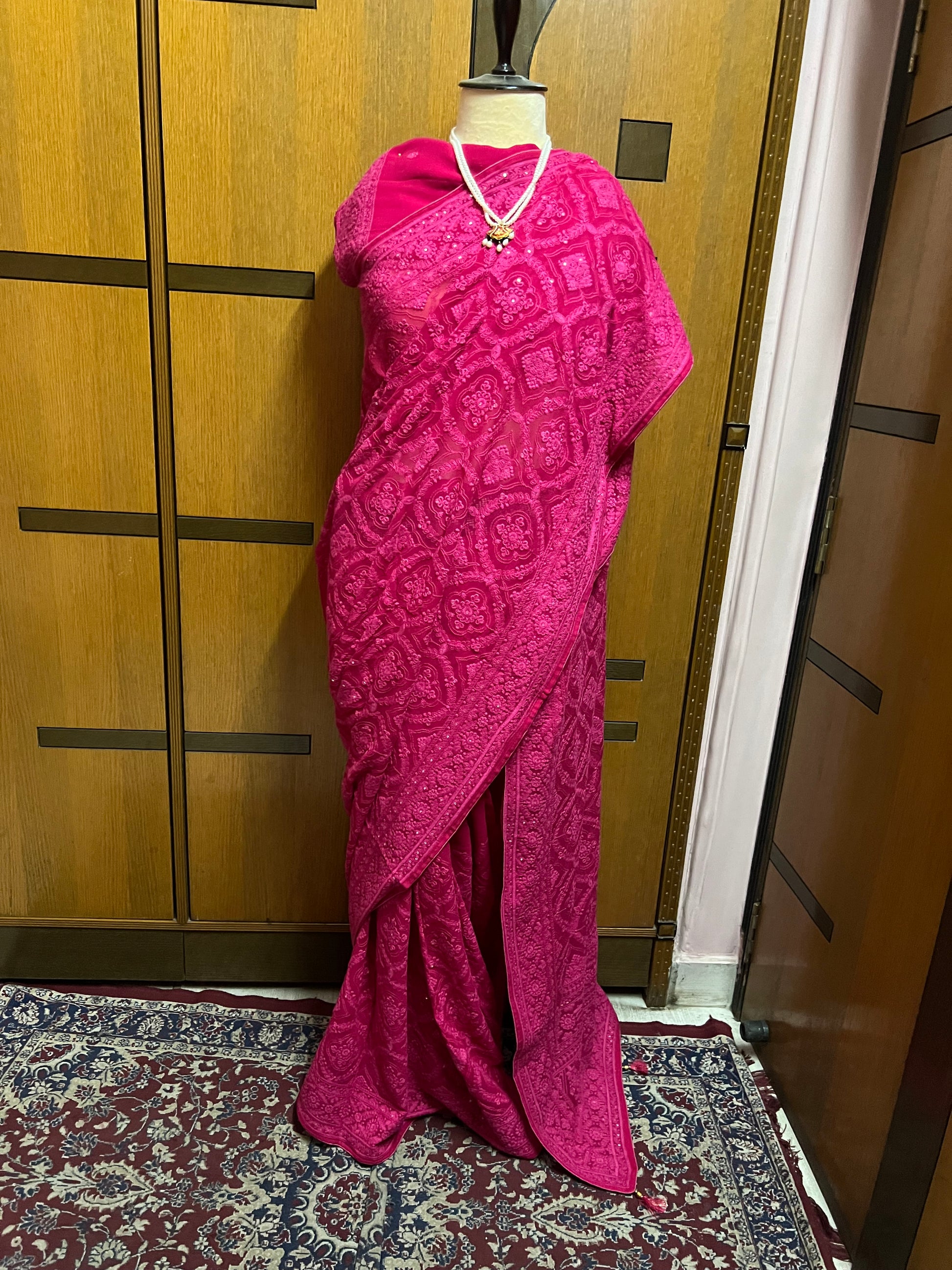 Hot Pink Chikankari Saree Eomen Gorgette Sarees - Saffronfashionindia