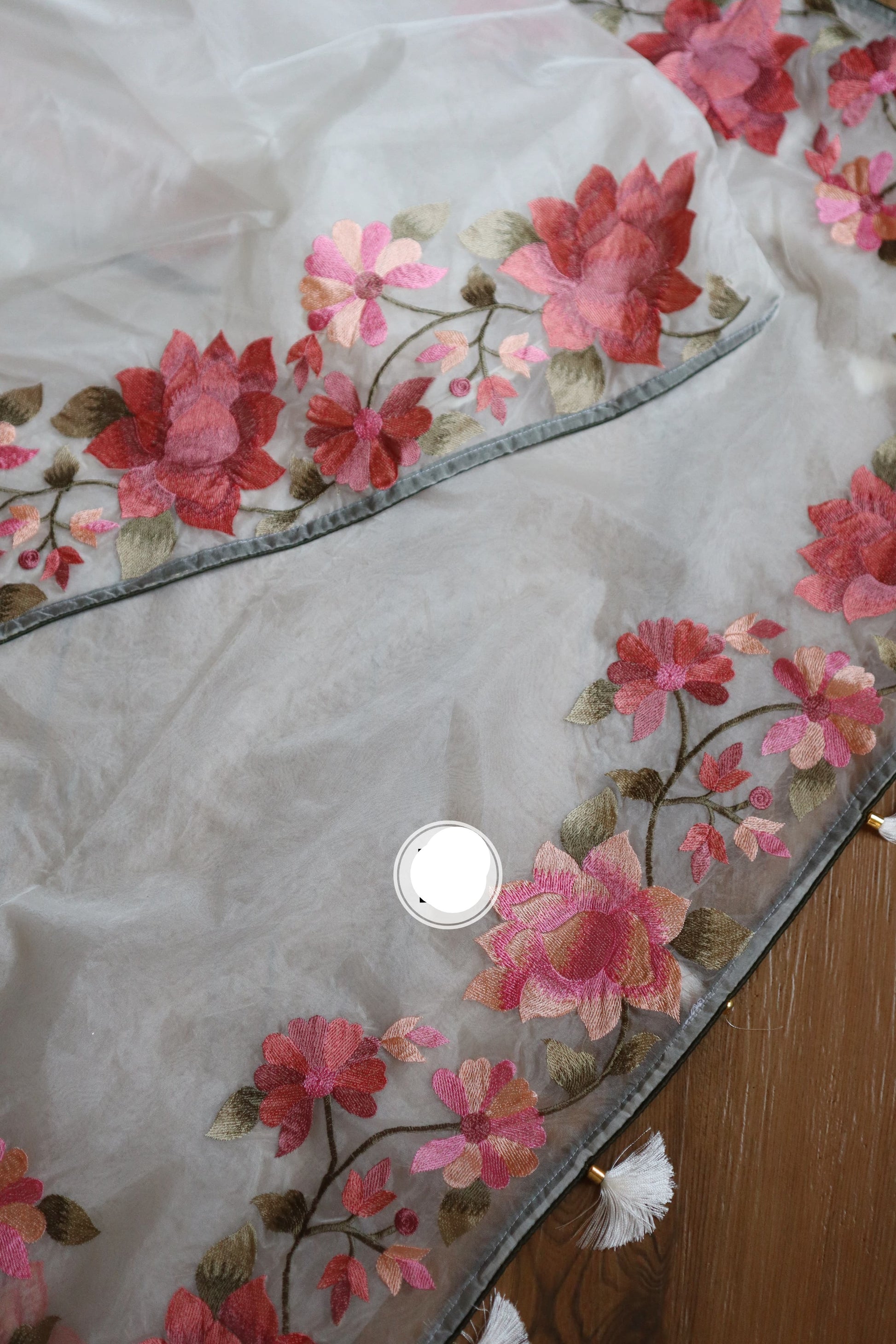 Parsi inspired floral bordered organza saree Indian Partywear sarees - Saffronfashionindia