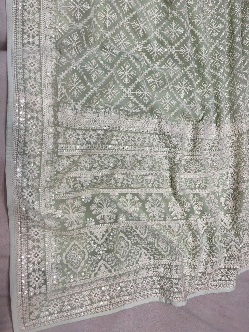 Sequins chikankari saree Indian Gorgette saree - Saffronfashionindia