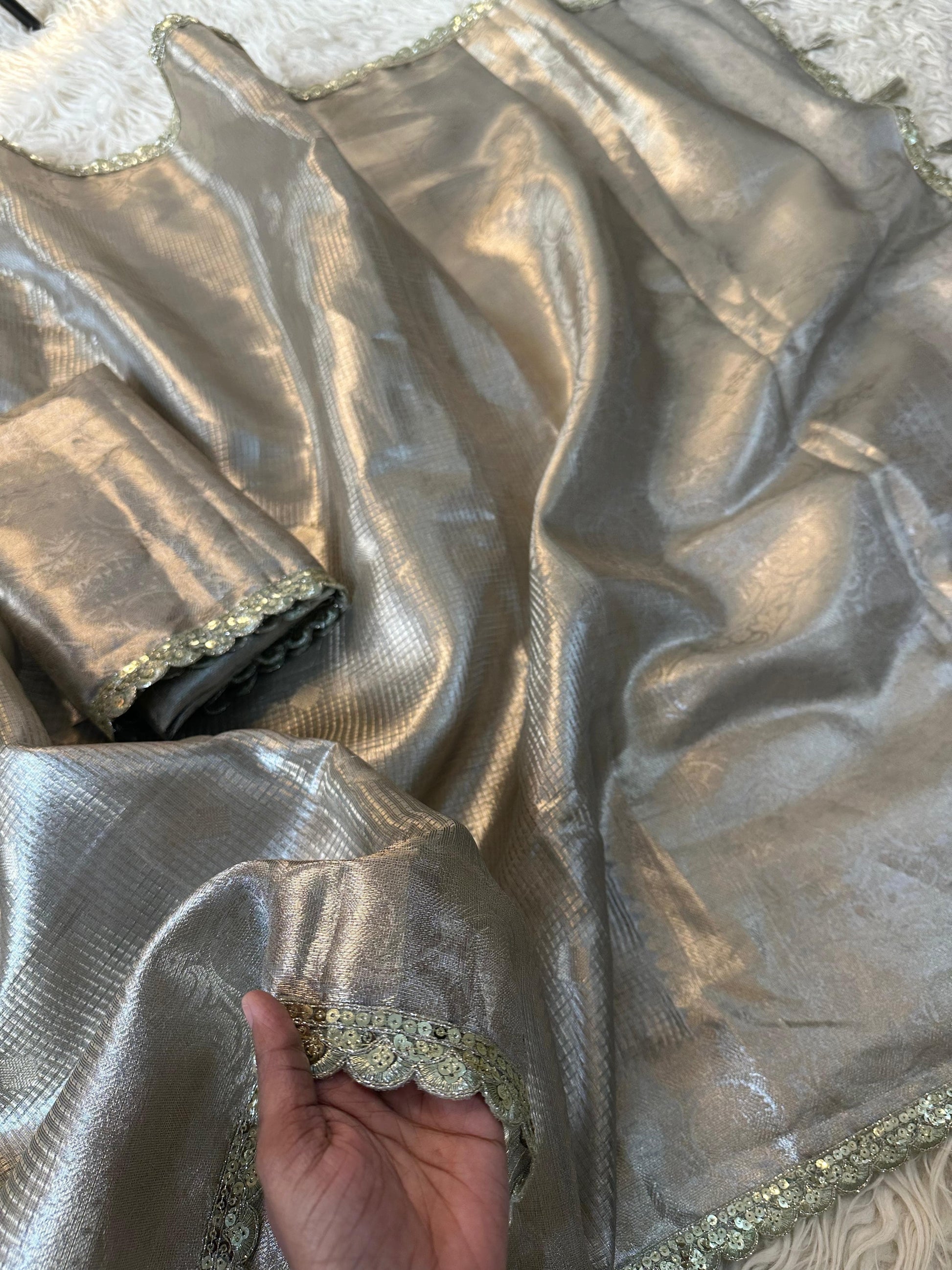 Almond Banarsi tissue silk saree Sexy sari - Saffronfashionindia