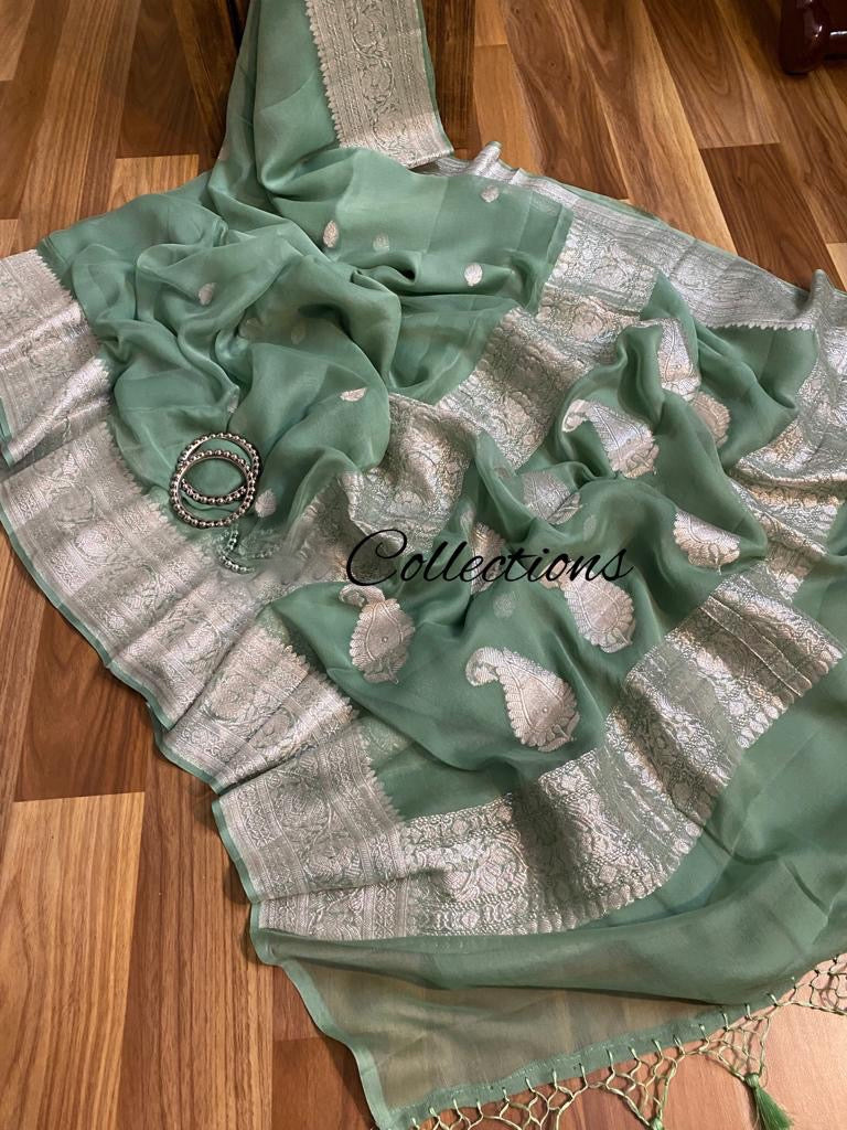 Sage green handwoven chiffon saree - Saffronfashionindia