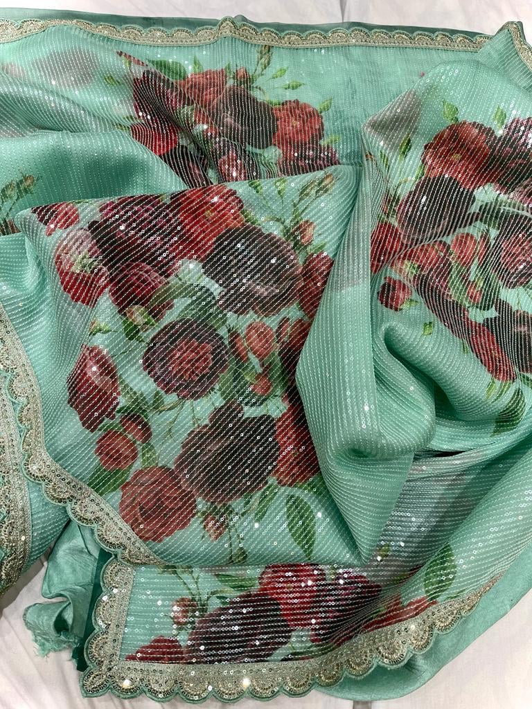 Digitally printed organza floral sarees - Saffronfashionindia