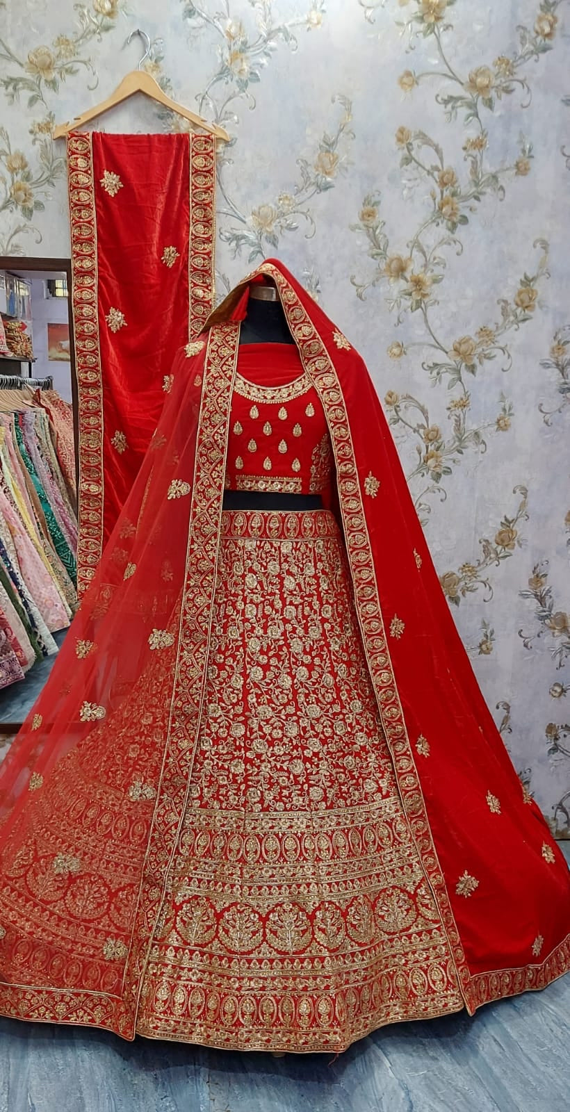 Red velvet bridal Lehangas - Saffronfashionindia
