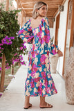 Multicolor Boho Floral Print Square Neck Ruffle Maxit Dress