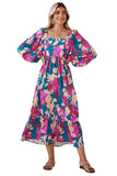 Multicolor Boho Floral Print Square Neck Ruffle Maxit Dress