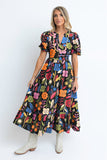 Green Floral Print Split V Neck Puff Sleeve Maxi Dress