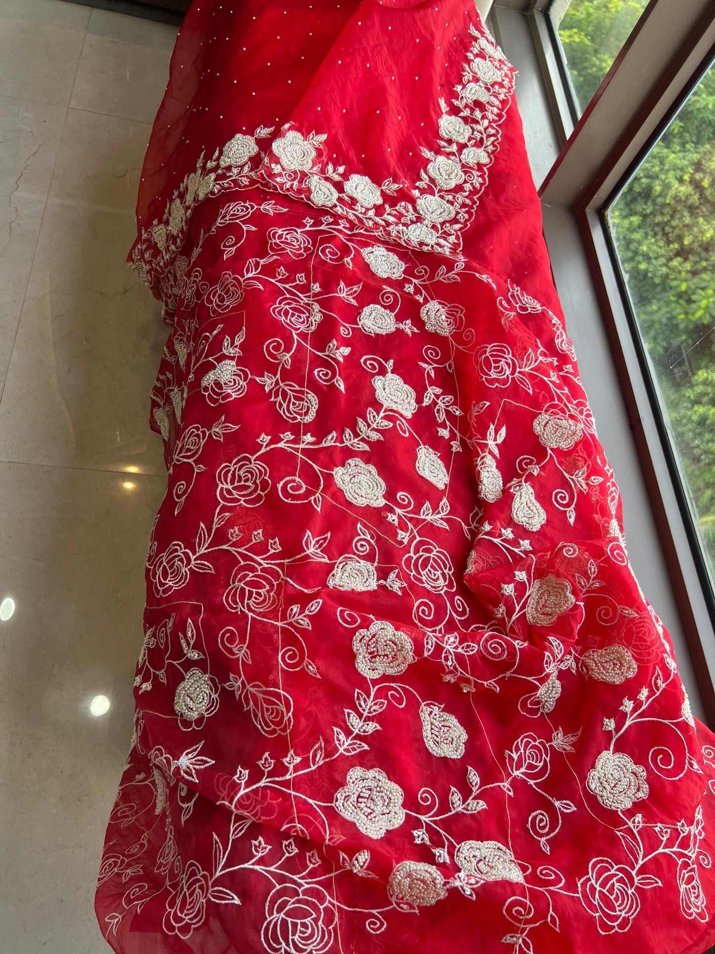 Red pearl bridal saree organza saree reception saree blouse SaffronFashion