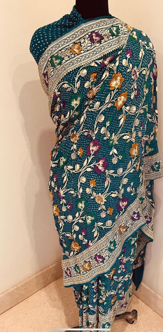 Green Meenakari Gorgette Saree Indian Traditional Saree - Saffronfashionindia