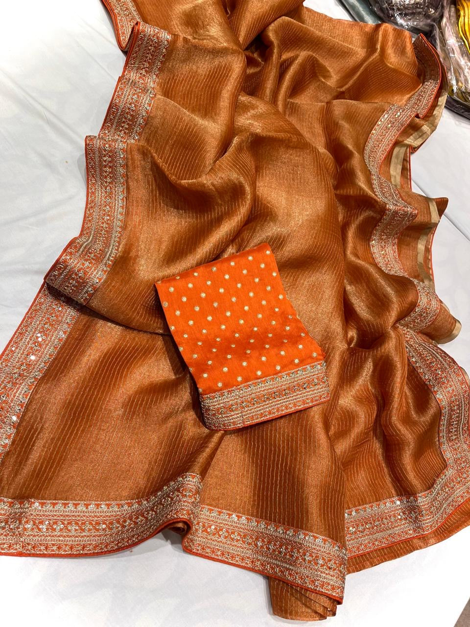 Striped tissue saree Partywear sarees SaffronFashion