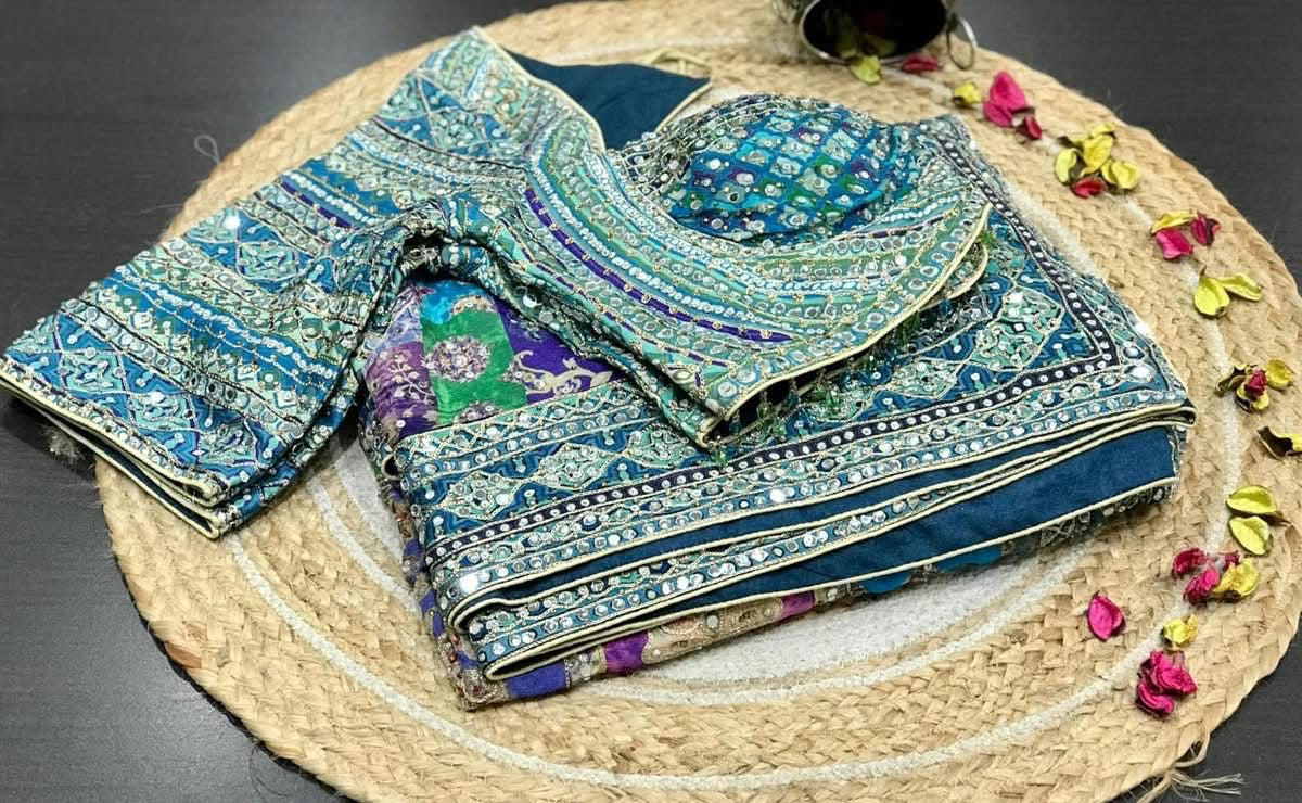 Blue wedding saree handmade sarees women sari blouse SaffronFashion
