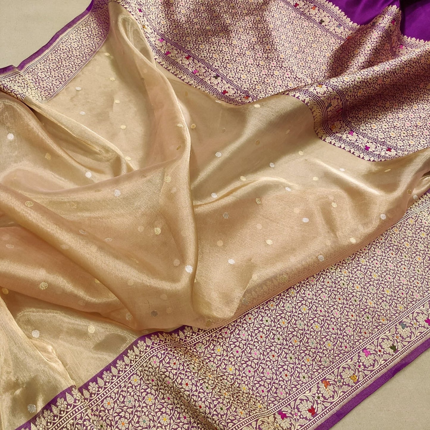 Mahiva Tissue silk saree handwoven saree Zari booties sari blouse SaffronFashion