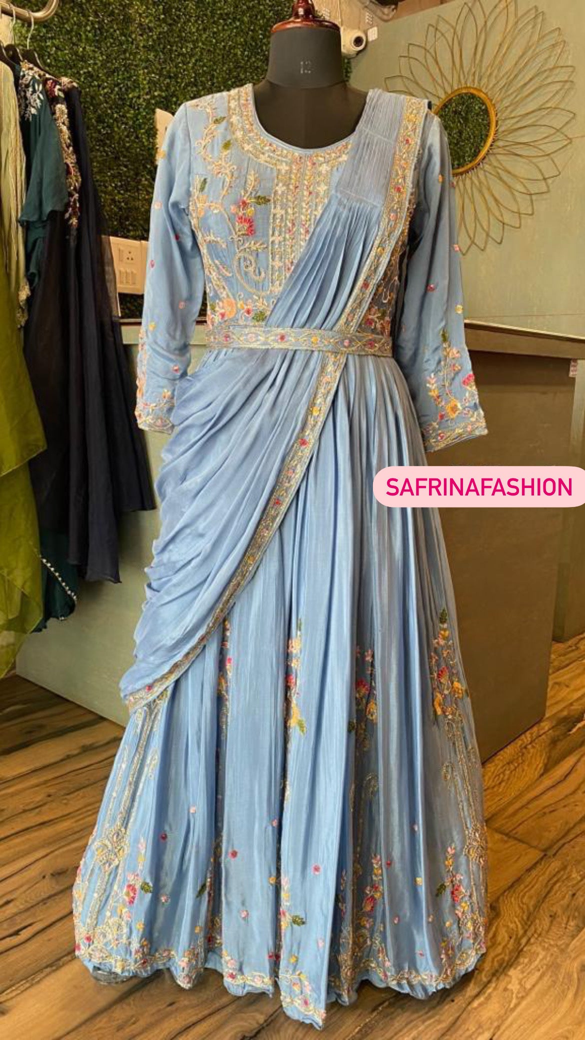 Firoza blue floral dress partywear dress - Saffronfashionindia