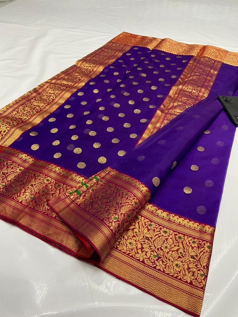 Chanderi purple Saree Golden bordered saree - Saffronfashionindia