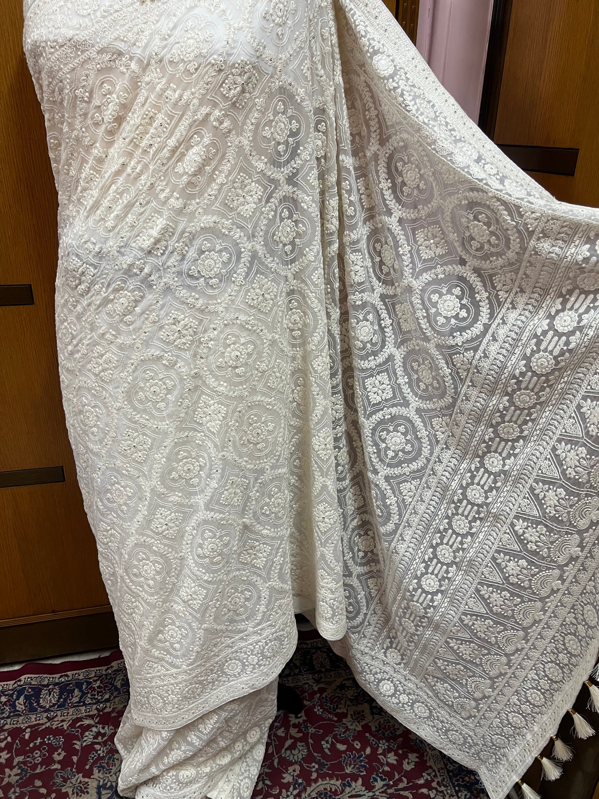 White Chikankari Saree Gorgette Sarees - Saffronfashionindia