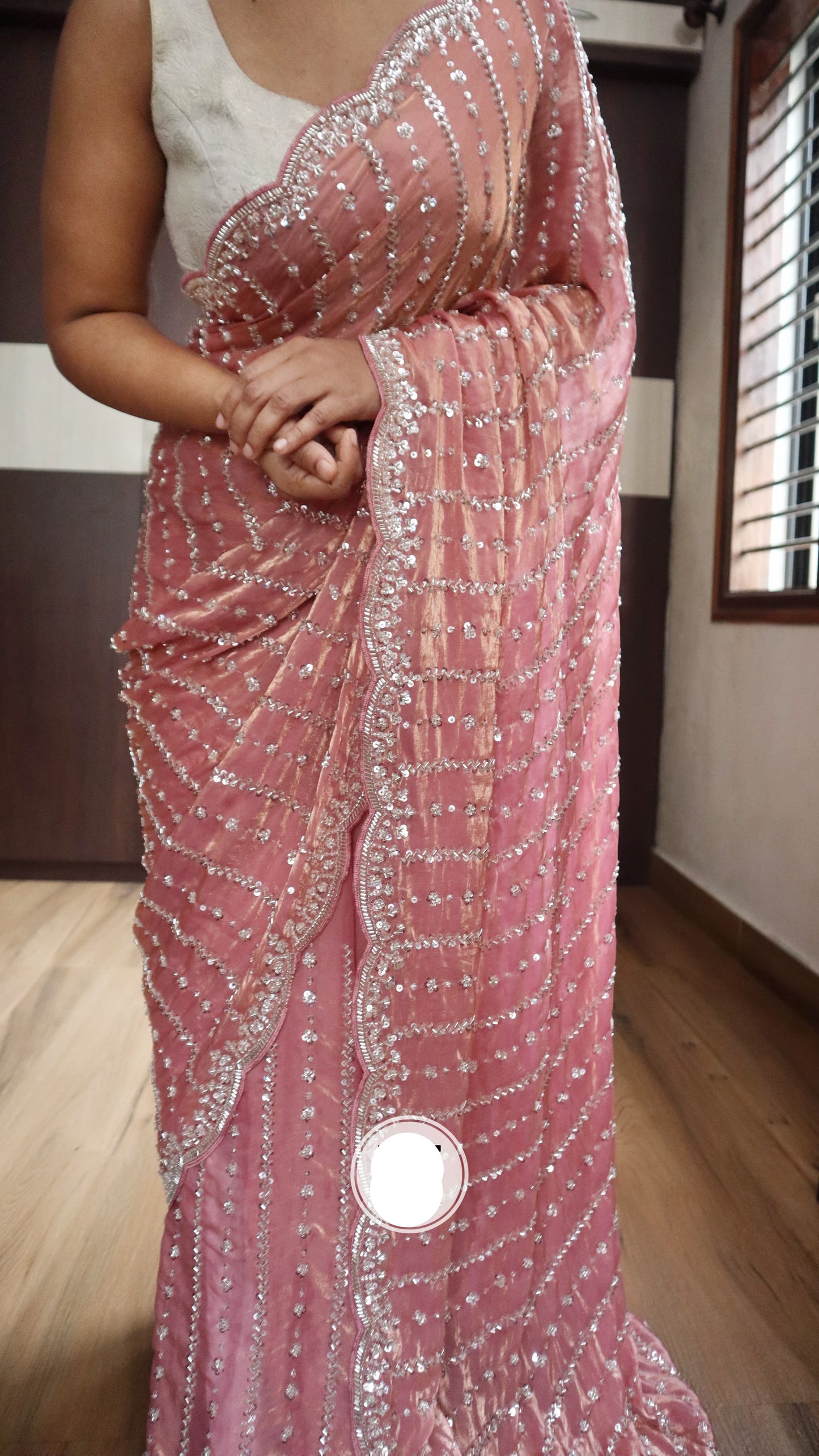 Peachy crepe silk saree Partywear sequins sarees - Saffronfashionindia