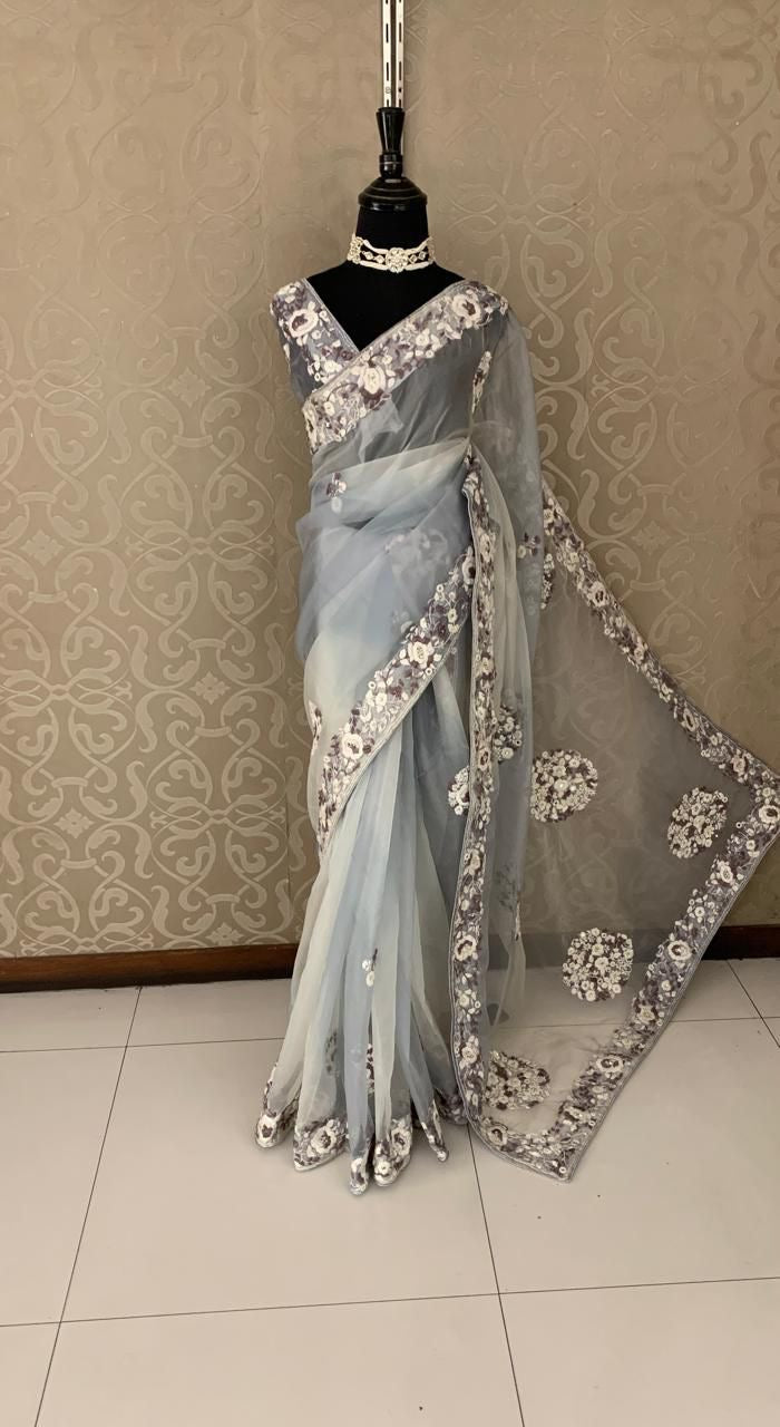 Mishika organza saree handwork saree embroidery saree blouse SaffronFashion