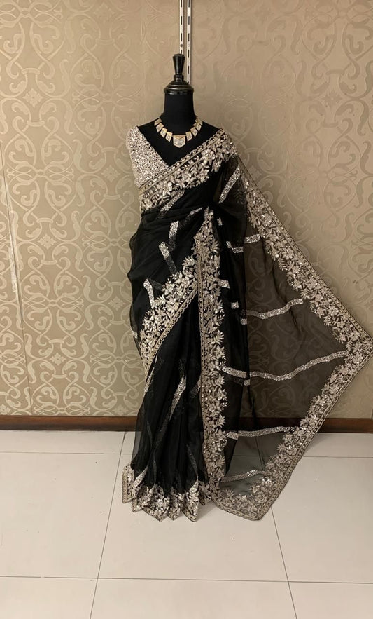 Elegant organza saree sequence sarees women saree blouse - Saffronfashionindia