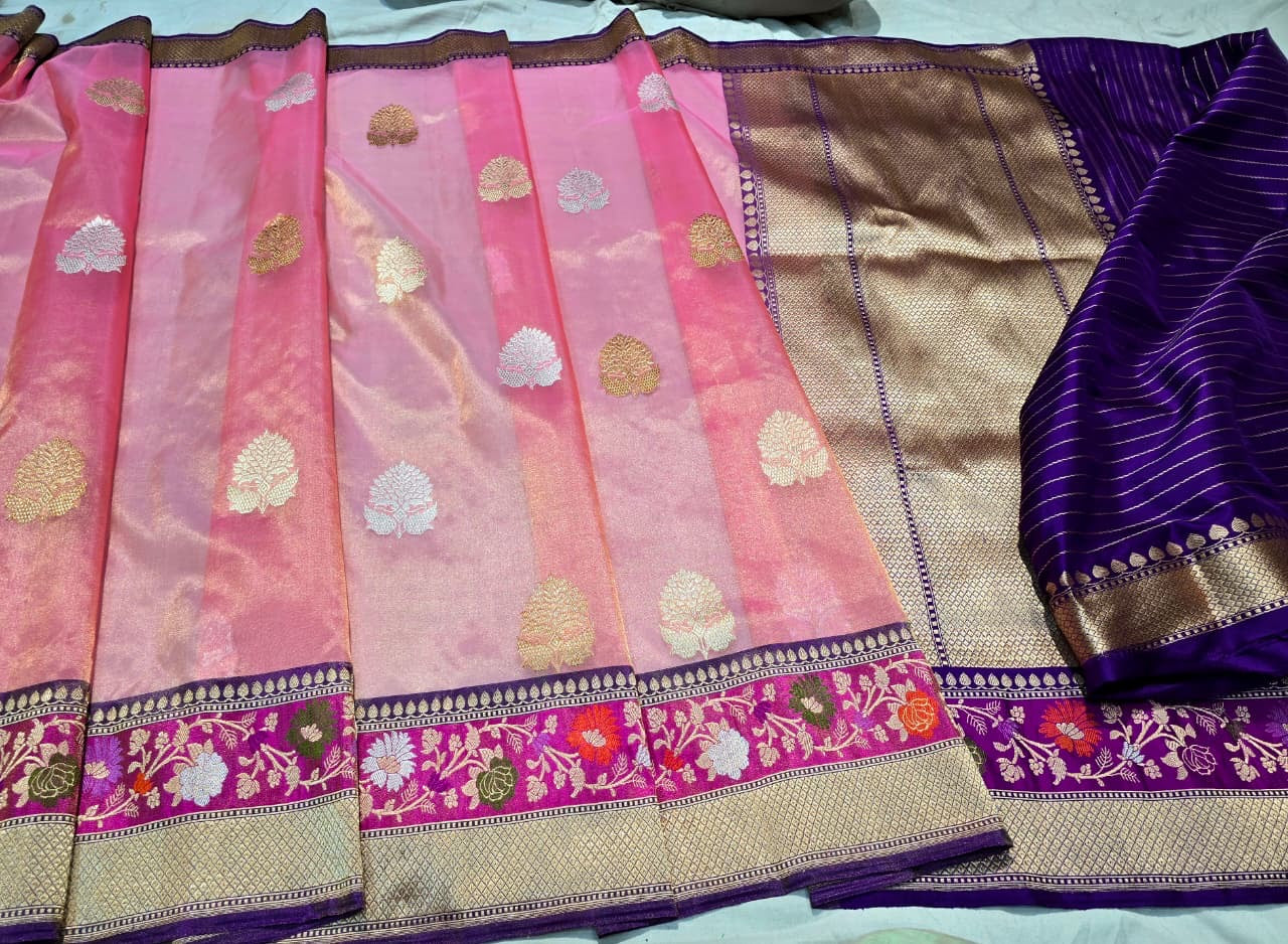 Pink kora saree tissue silk saree Indian sari blouse Saffronfashionindia