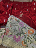 Red Banarsi katan silk saree kadwa sarees blouse Indian sari SaffronFashion