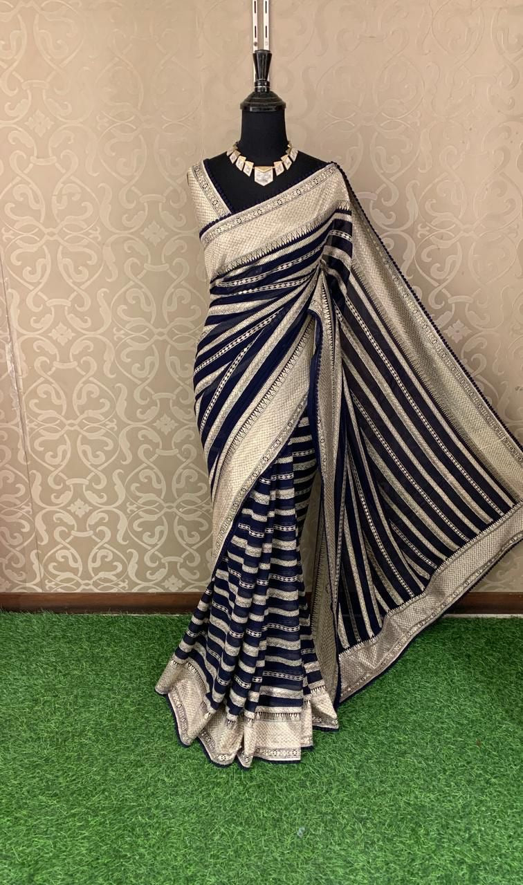 Striped Saree Georgette sari Indian sarees blouse - Saffronfashionindia