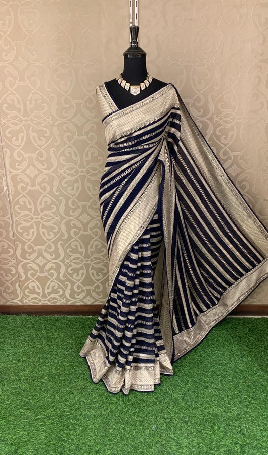 Striped Saree Georgette sari Indian sarees blouse - Saffronfashionindia