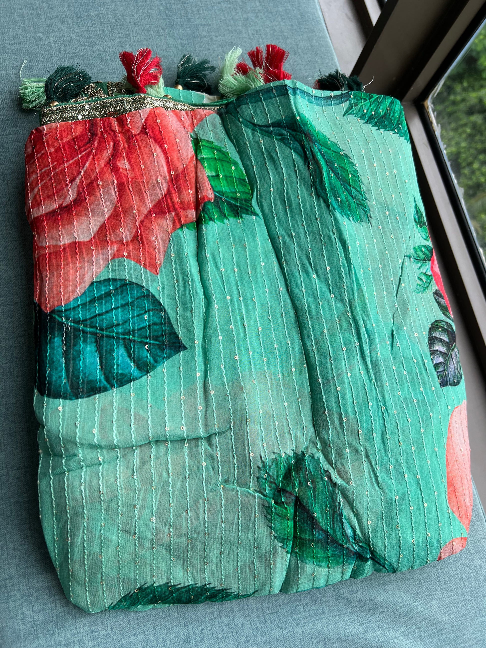 Floral elegant Gorgette saree green saree - Saffronfashionindia