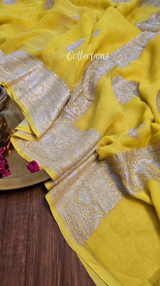 Yellow khaddi chiffon saree Indian saree Beautiful sarees blouse - Saffronfashionindia
