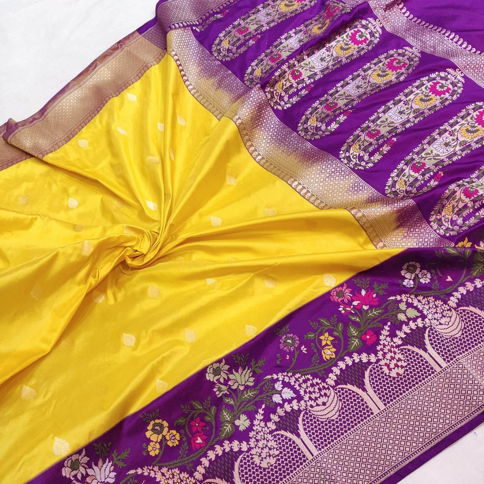Yellow Meenakari handwoven Katan silk saree - Saffronfashionindia