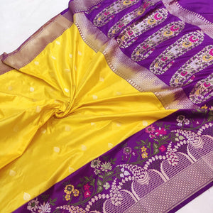 Yellow Meenakari handwoven Katan silk saree