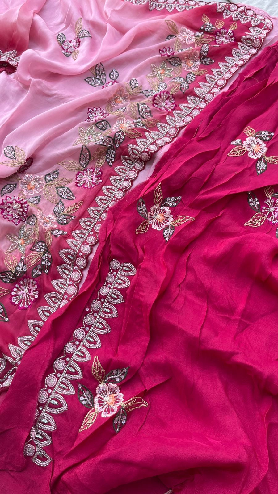 Satin Pink Pearl Organza Sarees Partywear Sarees - Saffronfashionindia
