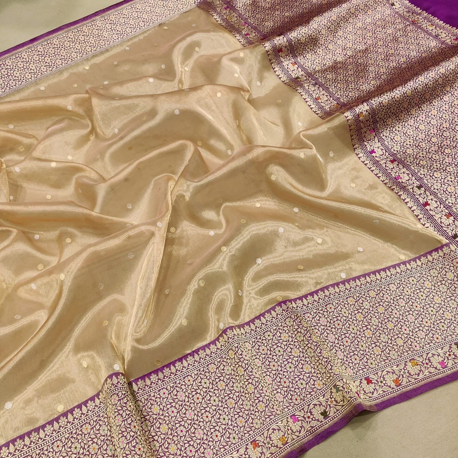 Mahiva Tissue silk saree handwoven saree Zari booties sari blouse SaffronFashion