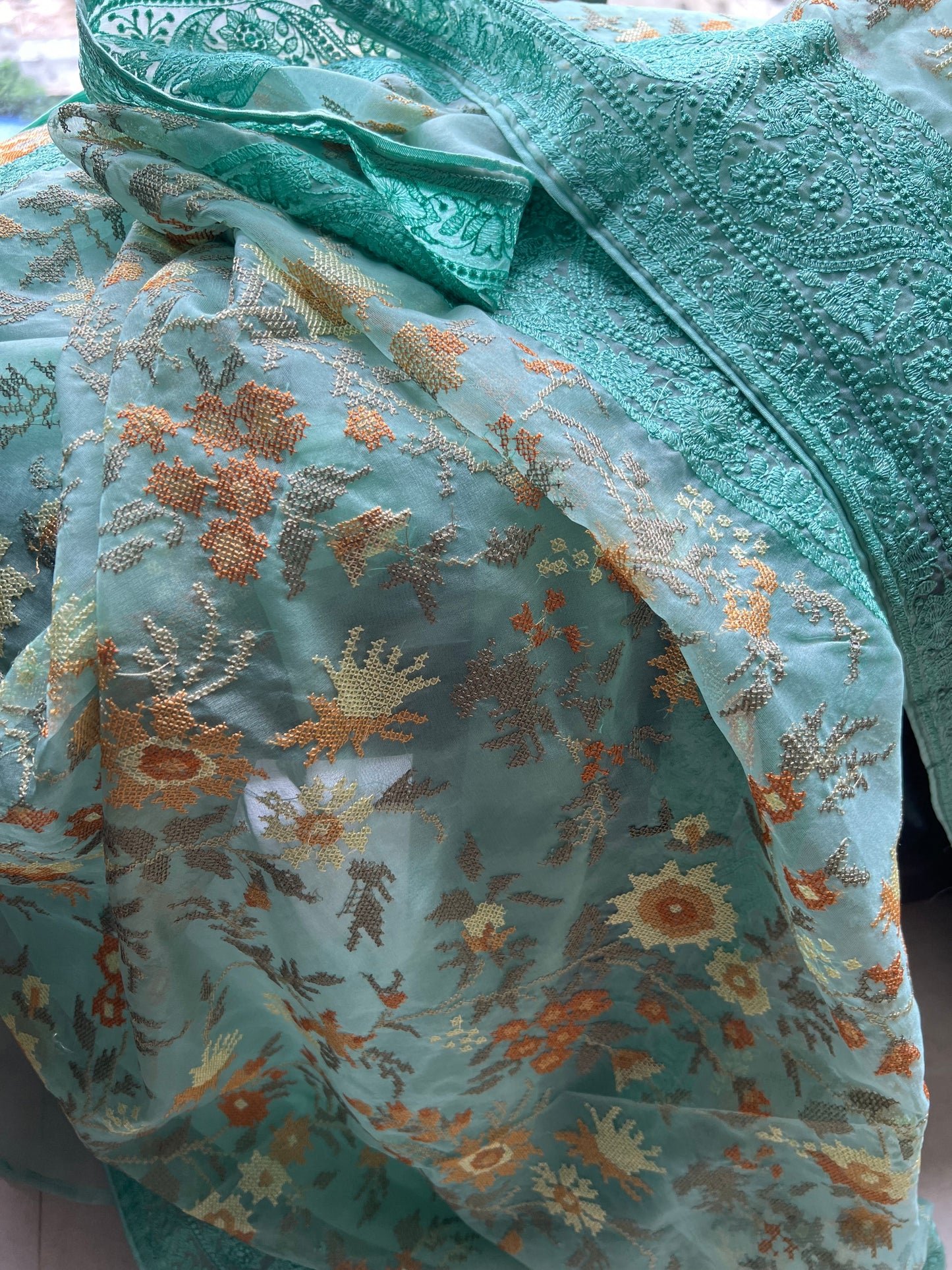 Cross stich inspired organza saree exclusive sarees women saree blouse - Saffronfashionindia