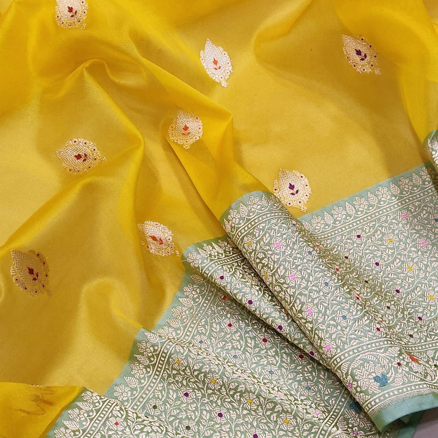 Yellow kora kadwa Zari striped saree handwoven saree blouse - Saffronfashionindia