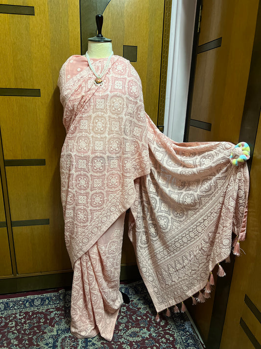 Peach Elegant Chikankari Saree Gorgeous Sarees - Saffronfashionindia