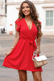 Red Polka Dot V Neck Ruffle Shoulder Short Dress