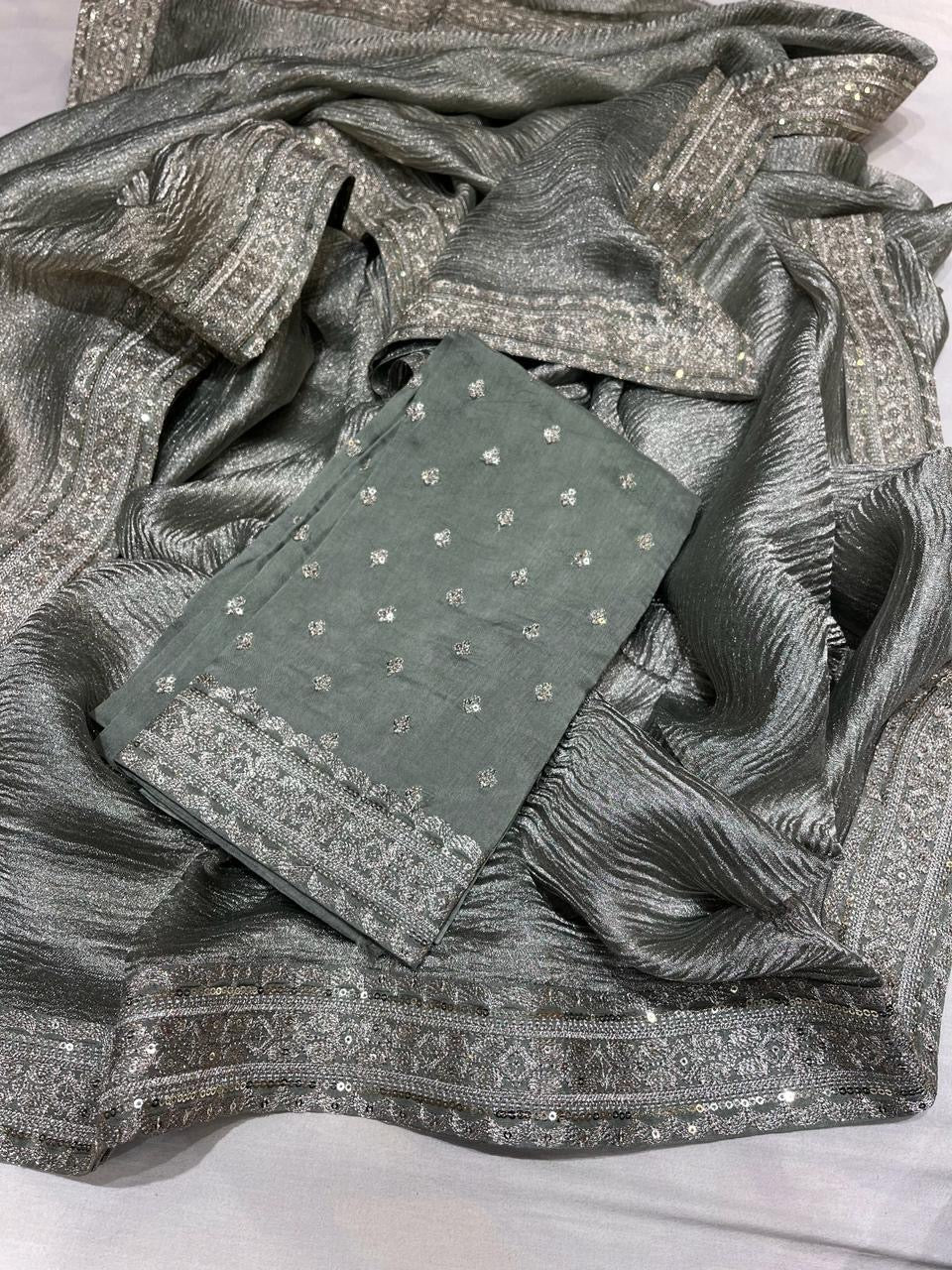 Kinzal Tissue Saree Crushed saree Partywear sari - Saffronfashionindia