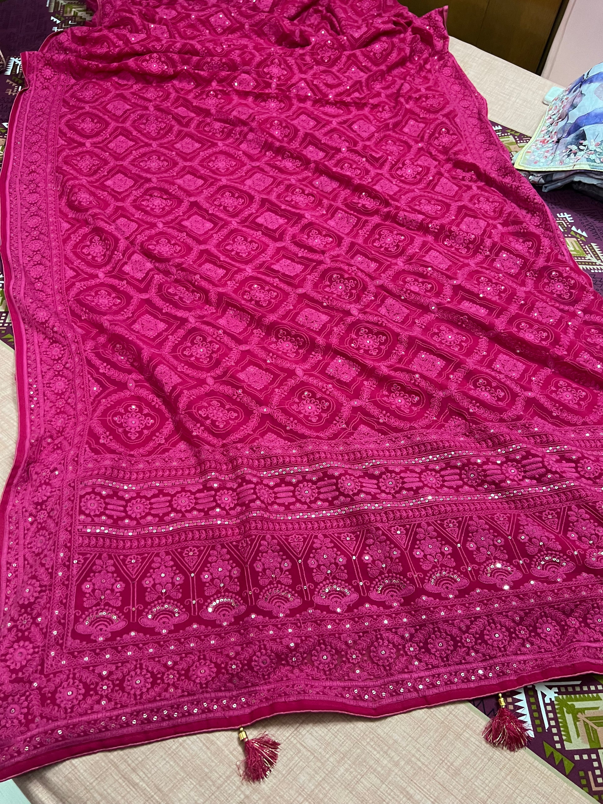 Hot Pink Chikankari Saree Eomen Gorgette Sarees - Saffronfashionindia